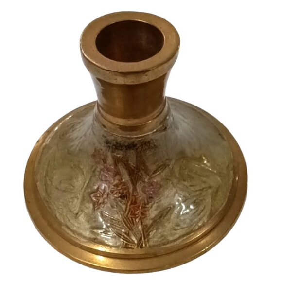 Vintage Pair Solid Brass Candlestick Holders Etched Floral Pattern Indian Made - Picture 7 of 8